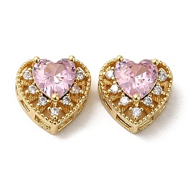Rack Plating Brass Micro Pave Cubic Zirconia Beads, Long-Lasting Plated, Lead Free & Cadmium Free, Hollow Heart