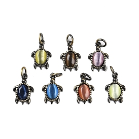 Brass Pendants, with Cat Eye and Jump Ring, Lead Free & Cadmium Free, Antique Bronze, Sea Turtle