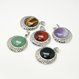 Pendentifs pierres précieuses naturelles mixtes, avec les accessoires en laiton, plat rond, de couleur métal platine , 30x7mm, Plateau: 21 mm, Trou: 7x4mm