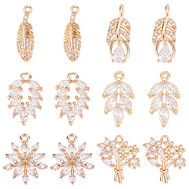 12 шт. 6 кулоны из латуни с микропаве и кубическим цирконием, долговечный, золотой свет, лист и цветок и перо