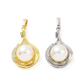 Eco-friendly Rack Plating Brass Micro Pave Cubic Zirconia Pendants, with ABS Platic Imitation Pearls, Cadmium Free & Lead Free, Long-Lasting Plated, Teardrop Charm