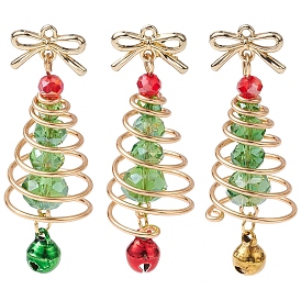 3Pcs Glass & Alloy Pendants, with  Brass Bell & Golden Copper Wire, Christmas Tree with Bowknot