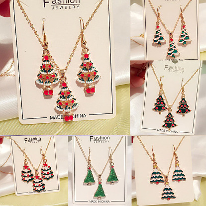Комплекты из эмалевого сплава с подвесками в виде рождественской елки и серег-подвесок, золотые