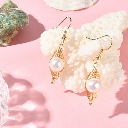 Natural Pearl Dangle Earrings, Golden Copper Wire Wrap Jewelry for Women
