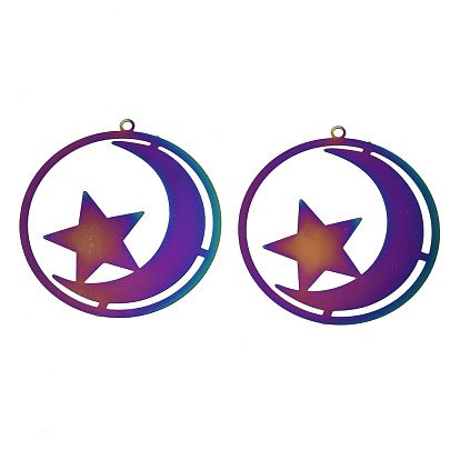 Ion Plating(IP) 201 Stainless Steel Filigree Pendants, Etched Metal Embellishments, Ring with Moon & Star