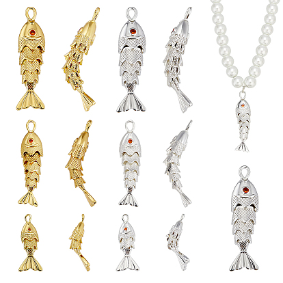 6Pcs 6 Styles Brass Micro Pave Cubic Zirconia Pendants, Fish Charms