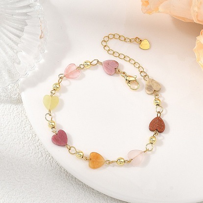 Браслеты-цепочки в форме сердца из натурального розового кварца, вишневого кварца, родонита, сумасшедшего агата и синтетического золотистого камня для женщин., с Гальваническим немагнитных синтетическими гематита бисера