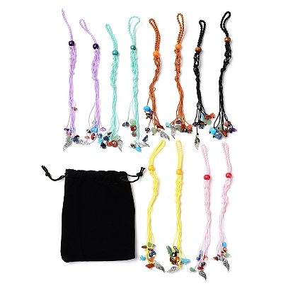 12Pcs Wing Braided Nylon Cord Macrame Pouch Pendant Decorations, Tumbled Gemstone Beaded Hanging Ornament, Interchangeable Stone, with Dyed Natural Wood Beads