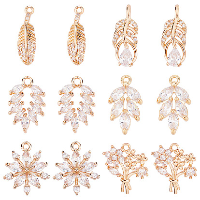 12 шт. 6 кулоны из латуни с микропаве и кубическим цирконием, долговечный, золотой свет, лист и цветок и перо