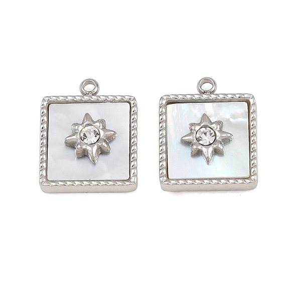 304 Stainless Steel & Natural Freshwater Shell & Rhinestone Pendants, Square with North Star Charm