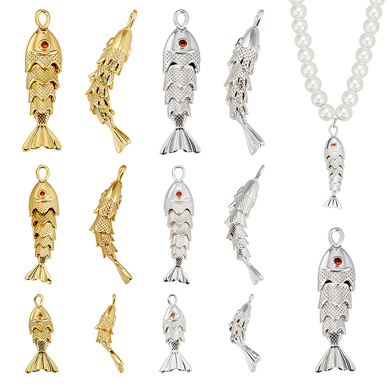 6 pcs 6 styles pendentifs en laiton micro pavé de zircone cubique, charmes de poissons