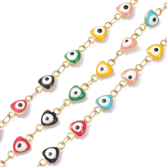 PVD Vacuum Plating 304 Stainless Steel Link Chains, with Enamel and Spool, Soldered, Heart with Evil Eye
