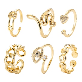 6 pcs 6 styles bagues de manchette en zircone cubique transparentes en laiton réglables en micro-pavé, anneaux ouverts, plaqué longue durée, plat rond avec forme de coeur et chaîne gourmette et visage de serpent et souriant et forme d'épingle de sécurité et oeil