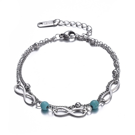 304 acier inoxydable bracelets multi-brins, avec des perles turquoises synthétiques et fermoirs pince de homard, infini