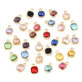 Brass Glass Pendants, Square Charm, Faceted