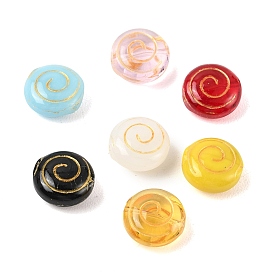 Golden Metal Enlaced Glass Beads, Flat Round with Spiral Pattern