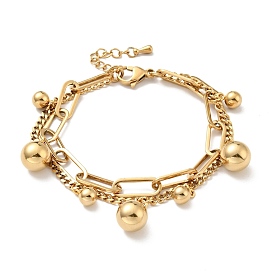 Round Ball Charm Multi-strand Bracelet, Vacuum Plating 304 Stainless Steel Double Layered Chains Bracelet for Women