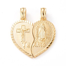 Pendentifs en laiton fendues, plaqué longue durée, coeur avec la vierge marie et jésus et mot te amo