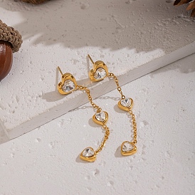 304 нержавеющая сталь, инкрустированная прозрачными кубическими цирконами 3 серьги-гвоздики с подвесками в форме сердца и кисточками для женщин