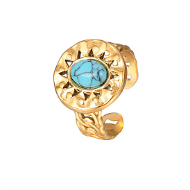 Golden Stainless Steel Flat Round Open Cuff Ring, with Synthetic Turquoise