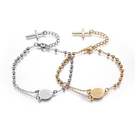  304 Stainless Steel Charm Bracelets, Religion Theme, Oval and Cross, Rosary Center Pieces