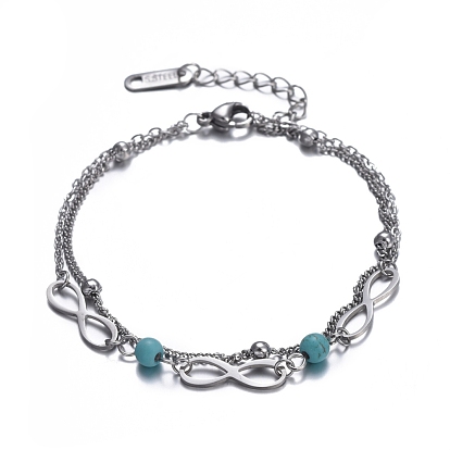 304 Stainless Steel Multi-strand Bracelets, with Synthetic Turquoise Beads and Lobster Claw Clasps, Infinity