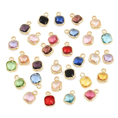 Brass Glass Pendants, Square Charm, Faceted