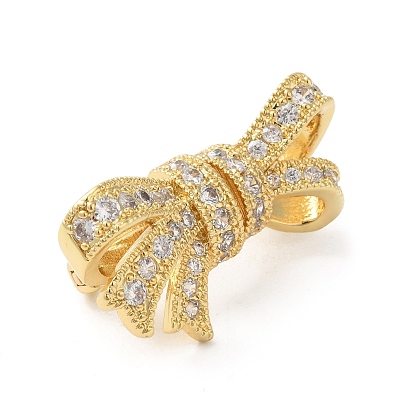 Rack Plating Brass Micro Pave Clear Cubic Zirconia Twister Clasps, Lead Free & Cadmium Free, Bowknot