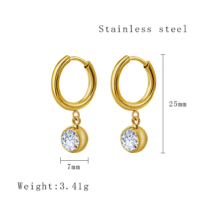 Cubic Zirconia Flat Round Dangle Earrings, 304 Stainless Steel Earrings