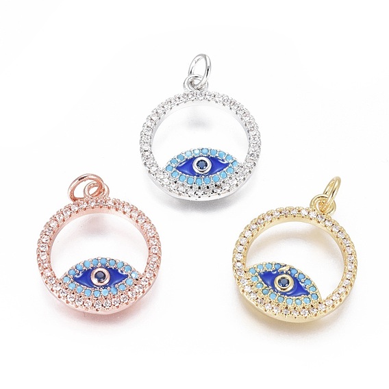 Brass Micro Pave Cubic Zirconia Pendants, with Enamel and Jump Ring, Ring with Evil Eye