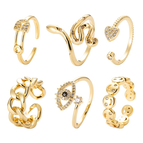 6Pcs 6 Styles Adjustable Brass Micro Pave Clear Cubic Zirconia Cuff Rings, Open Rings, Long-Lasting Plated, Flat Round with Heart & Curb Chain Shape & Snake & Smiling Face & Safety Pin Shape & Eye