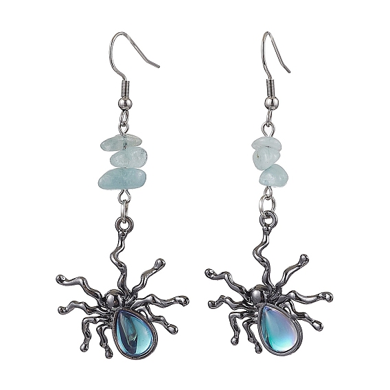 Подвески-пауки из сплава смолы на Хэллоуин и 304 серьги-подвески из нержавеющей стали для женщин, с натуральными аквамариновыми чипсами