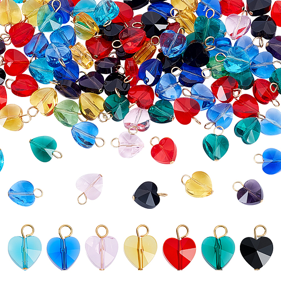 100 прозрачные стеклянные брелоки, сердце, с настоящими 18k позолоченными 304 петлями из нержавеющей стали, граненые
