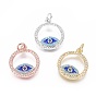 Brass Micro Pave Cubic Zirconia Pendants, with Enamel and Jump Ring, Ring with Evil Eye