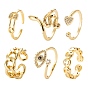 6Pcs 6 Styles Adjustable Brass Micro Pave Clear Cubic Zirconia Cuff Rings, Open Rings, Long-Lasting Plated, Flat Round with Heart & Curb Chain Shape & Snake & Smiling Face & Safety Pin Shape & Eye
