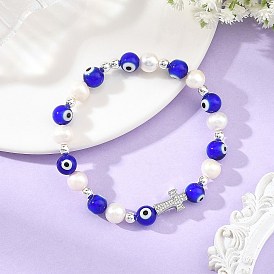 Pulseras elásticas con cuentas de vidrio soplado con diseño de ojo turco y perlas cultivadas de agua dulce naturales., con cruz de circonitas cúbicas transparentes micro pavé de latón, Platino