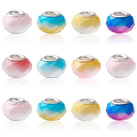 14Pcs 7 Colors Glass European Beads, Large Hole Beads, with Silver Tone Brass Double Cores, Faceted Rondelle