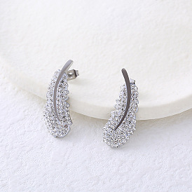 Серьги-гвоздики из нержавеющей стали с прозрачным кубическим цирконием в форме пера