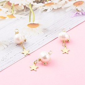3Pcs Natural Cultured Freshwater Pearl Copper Wire Wrapped Potato Pendants, 304 Stainless Steel Star Charms, Golden
