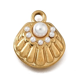 304 Stainless Steel & ABS Imitation Pearl Pendants, Shell Shape Charms, Ion Plating(IP), Long-Lasting Plated