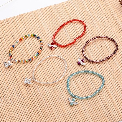 Glass Seed Beaded Stretch Charm Bracelets, with Tibetan Style Antique Silver Alloy Glass Pearl Angel Charms, 61mm