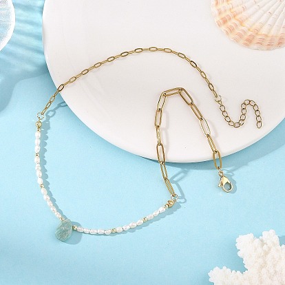 Collares con colgante de lágrima de amazonita natural, Collares de cuentas de arroz con perlas naturales y cadenas de clip de acero inoxidable.