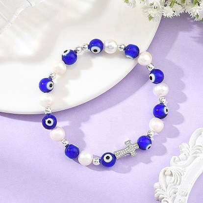 Pulseras elásticas con cuentas de vidrio soplado con diseño de ojo turco y perlas cultivadas de agua dulce naturales., con cruz de circonitas cúbicas transparentes micro pavé de latón, Platino