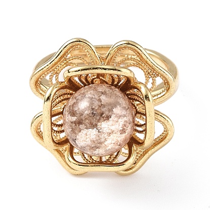 Natural Green Lodolite Quartz Flower Adjustable Ring, Rack Plating Brass Jewelry for Women, Golden