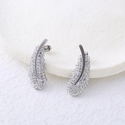 Серьги-гвоздики из нержавеющей стали с прозрачным кубическим цирконием в форме пера