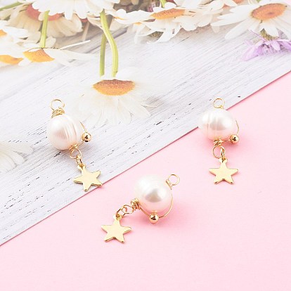 3Pcs Natural Cultured Freshwater Pearl Copper Wire Wrapped Potato Pendants, 304 Stainless Steel Star Charms, Golden
