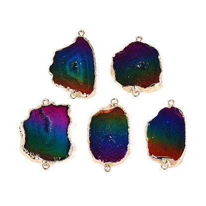 Подвески-звенья/соединители из натуральных агатовых самородков, окрашенных распылением, с золотым латунным краем