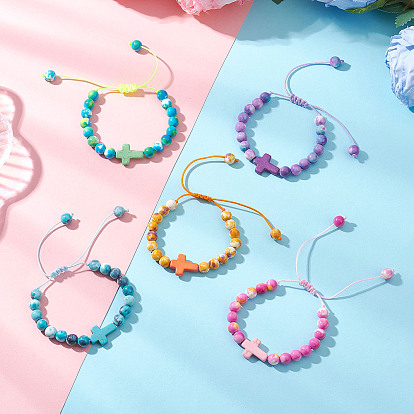 Браслеты из плетеных бусин для женщин из натурального окрашенного морского белого нефрита, синтетического морского белого нефрита и окрашенной бирюзы., крестик