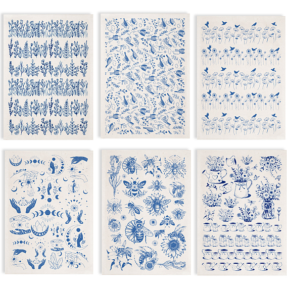 6шт. 6 стили бумажные керамические наклейки, гончарная керамика глиняная переводная бумага, подглазурная цветочная бумага