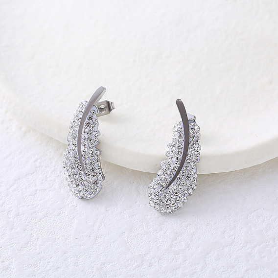 Серьги-гвоздики из нержавеющей стали с прозрачным кубическим цирконием в форме пера